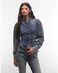 AllSaints - Evanna Long Sleeve Mock Neck Tie Up Denim Shirt - Lyst