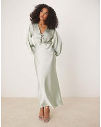Gina Tricot - Satin Long Sleeve Midi V Neck Tie Front Ruched Detail - Lyst