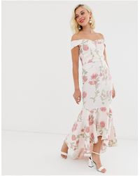 Chi Chi London Lange Bardot Jurk Met Fishtail En Geborduurde Bloemen - Meerkleurig