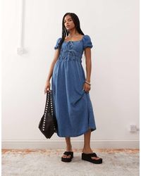 Reclaimed (vintage) - Chambray Denim Midi Dress With Shirring Details - Lyst