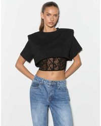 Noughts & Kisses - Cotton Rich Padded Shoulder Lace Corset Waist Detail Top - Lyst
