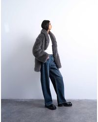 TOPSHOP - Halflange Gestreepte Jas Van Imitatiebont Met Sjaalkraag - Lyst