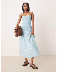 ASOS - Vestito Lungo Blu E Viola A Righe Arricciato Con Vita Scesa - Lyst