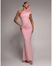 Goddiva - One Shoulder Organza Frill Pleated Mermaid Maxi Dress - Lyst