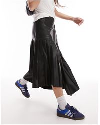 TOPSHOP - Leather Look Pleated Panel Wrap Midi Skirt - Lyst