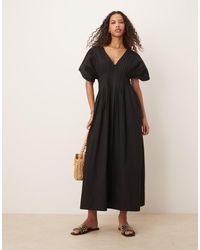 ASOS - V Neck Short Sleeve Midi Dress With Narrow Pintucks - Lyst