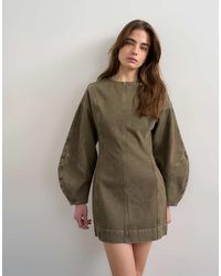 TOPSHOP - Denim Ovoid Sleeve Mini Dress Khaki - Lyst