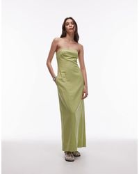TOPSHOP - Vestido Midi Verde Con Escote Palabra De Honor Y Costuras De Tejido Grueso De Lino De - Lyst