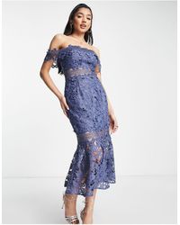 ASOS - Puff Sleeve Lace Midi Dress With Button Detail And Lace Inserts - Lyst