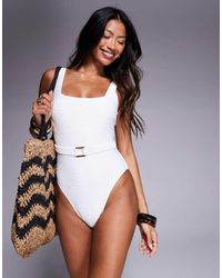 KBX - Square Neck Swimsuit With Belt - Lyst