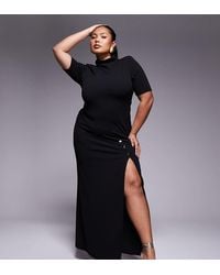 ASOS - Asos Design Curve High Neck Maxi Pencil Dress With Short Sleeves And Large Gold Button Detail Split - Lyst