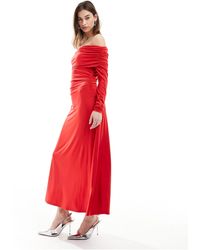 Monki - Long Sleeve Off The Shoulder Full Length Midi Dress - Lyst