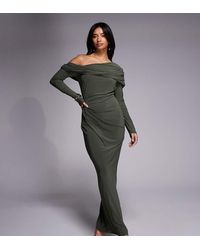 ASOS - Vestido Largo De Manga Larga Con Hombro Caído Y Detalle Drapeado Fruncido De Asos Design Petite-Verde - Lyst