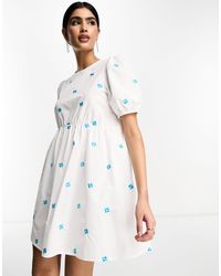 Y.A.S - Smock Mini Dress With Embroidered Blue Flowers - Lyst