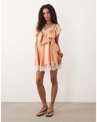 ASOS - V Neck Satin Ruffle Mini Dress With Lace Trim - Lyst