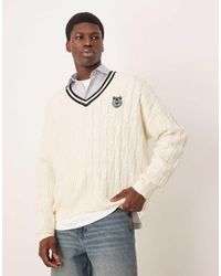 ASOS - Oversized Boxy Fit Contrast Cable Knitted Jumper With Varsity Badge - Lyst