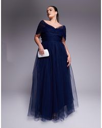 Lace & Beads Plus - Robe longue en tulle avec épaules dénudées et détail nœud - Lyst