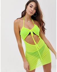 ASOS Neongele Mesh Strandjurk Met Uitsnijding En Gestrikte Voorkant - Groen