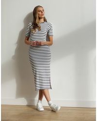 French Connection - Cotton Ribbed Striped Short Sleeve Bodycon Midi Dress - Lyst