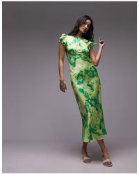 TOPSHOP - Vestido midi verde con estampado floral y detalle - Lyst
