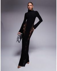 ASOS - Long Sleeve High Neck Maxi Dress With Seamed Lace Panels - Lyst
