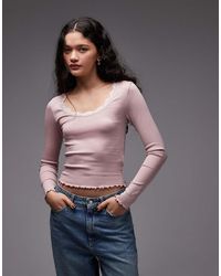 ASOS - Top Met Lage Ronde Hals, Lange Mouwen En Contrasterend Kant - Lyst