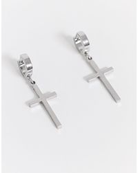 ASOS 7mm Hoop Earrings With Cross Charms - Metallic
