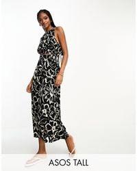 ASOS - Asos design tall - robe d'été mi-longue en lin froncé avec découpes et imprimé fleurs abstraites - Lyst