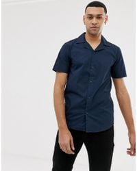 Solid Slim Fit Shirt Revere Collar Navy - Blue