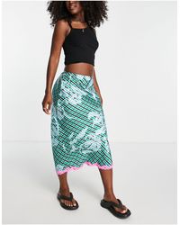 TOPSHOP - Check Satin Bias Midi Skirt With Lace Trim - Lyst