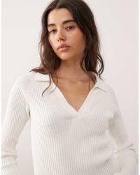Monki - Compact Rib Knit Long Sleeve Collared Top - Lyst