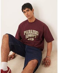 ASOS - Camiseta Burdeos De Corte Cuadrado Extragrande Con Estampado De Tejido Grueso De -Rojo - Lyst