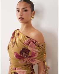 ASOS - Getailleerde Top Van Mesh Met Gerimpelde Schouders En Bloemenprint - Lyst
