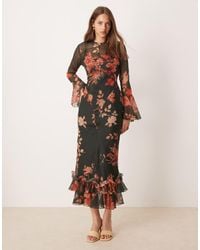 ASOS - Vestito Lungo A Fiori Rosso E Nero Con Volant Sul Fondo E Sulle Maniche - Lyst