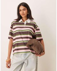 ASOS - T-Shirt Verde E Rosa A Righe A Maniche Corte Con Colletto Stile Rugby - Lyst