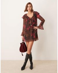 New Look - Floral Ruffle Tie Neck Mini Dress - Lyst