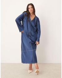 ASOS - Asos design curve - robe mi-longue satinée à col v avec surpiqûres contrastantes - jean et crème - Lyst