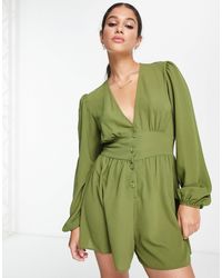 ASOS - Crepe Plunge Neck Romper With Puff Sleeve - Lyst