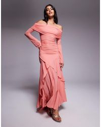 ASOS - Stretch Chiffon Long Sleeve Bardot Maxi Dress With Ruffle Hem - Lyst