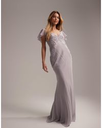 ASOS - L'invitée - robe longue à manches évasées avec détails en dentelle et jupe en biais - lilas - Lyst