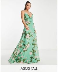ASOS - Asos design tall - vestito lungo avvolgente con spalline sottili e laccetto sul retro verde salvia a fiori - Lyst
