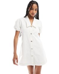 ASOS - Denim Mini Dress With Collar And Puff Sleeves - Lyst