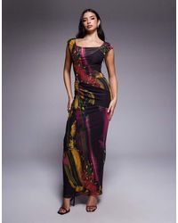 ASOS - Printed Mesh Cowl Drape Midi Dress With Shoulder Pad - Lyst