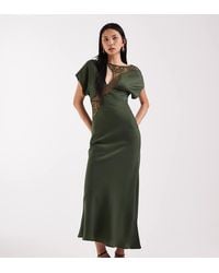 ASOS - Asos Design Tall Lace Applique Grown On Sleeve Bias Cut Satin Midi Dress - Lyst