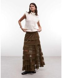 AllSaints - Maggie Tiered Ruffle Mesh Midi Skirt With Lace Detail - Lyst