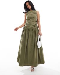 4th + Reckless Petite - Robe longue et sans manches en popeline avec fronces et taille basse - kaki - Lyst