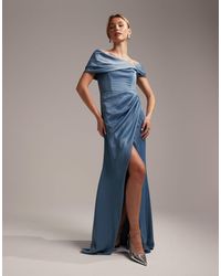 ASOS - Bridesmaid Satin Bardot Drape Wrap Maxi Dress - Lyst
