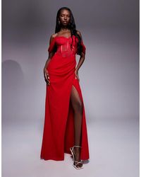 Goddiva - Scalloped Lace & Chiffon Winged Corset Bodice Maxi Dress - Lyst
