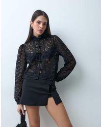 Lioness - Overtime Sheer Lace Intricate Floral Napoleon Button Detail Balloon Sleeve Blouse - Lyst