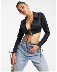AsYou Satin Lace Up Cropped Shirt in Blue